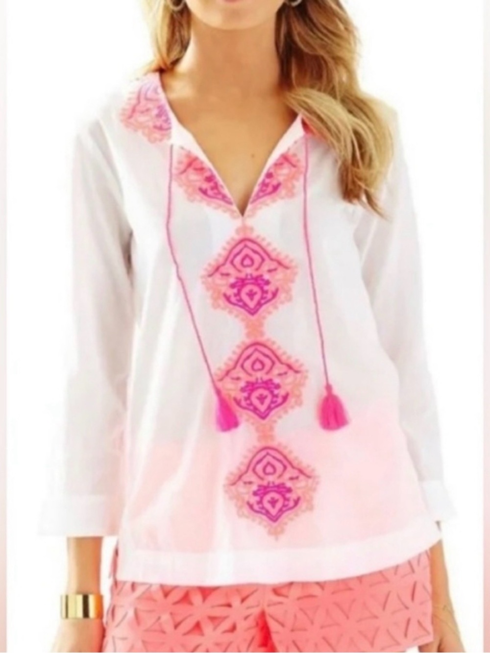 Lilly Pulitzer White Tunic with Neon Pink Embroidered S